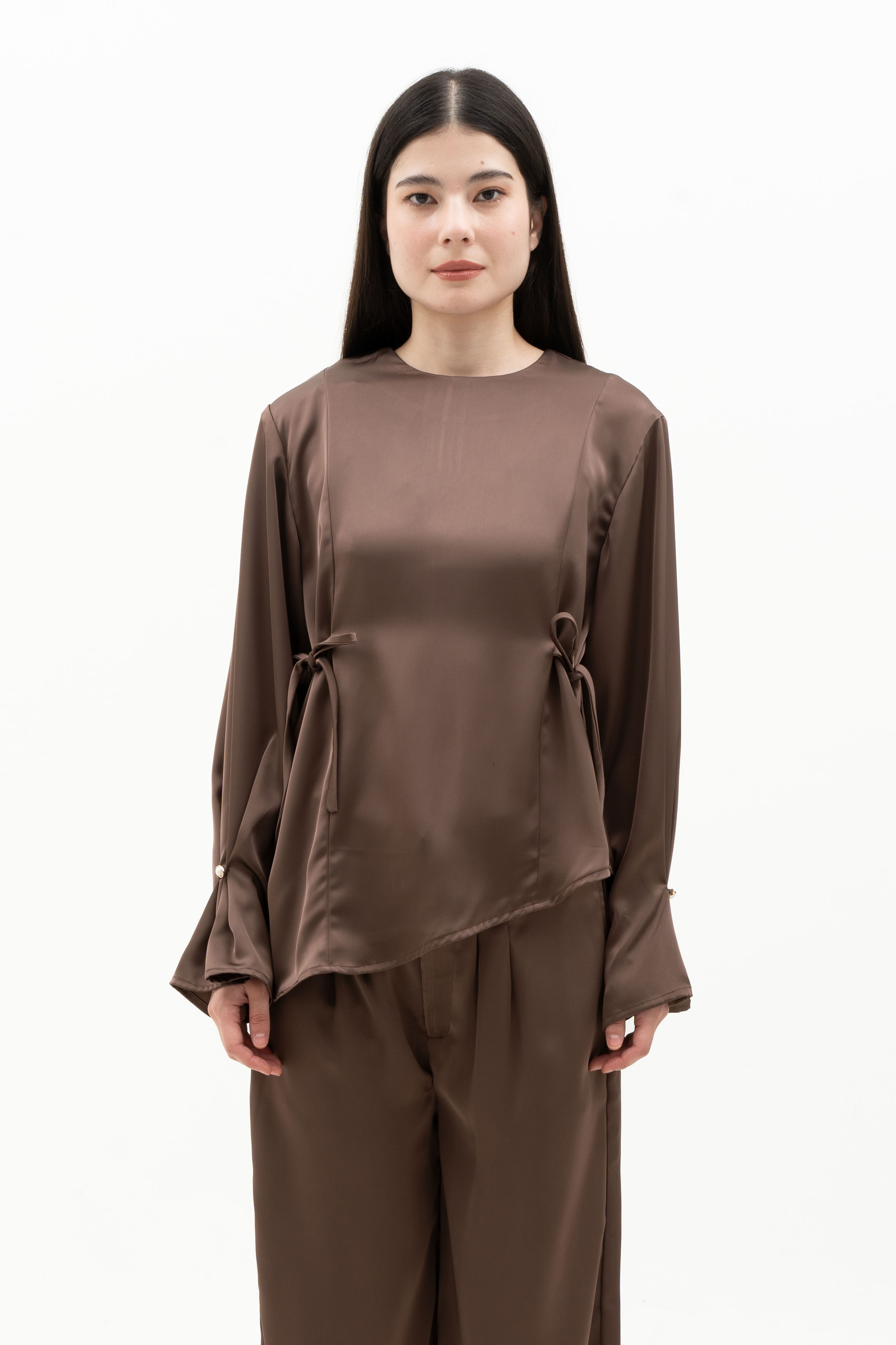 LEONOR SET - Silk Long Sleeve Top & High-Waist Pants
