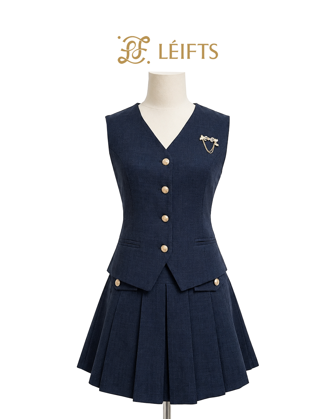 ELODIE SET - Vest with Brooch and Pleats Skirt Set