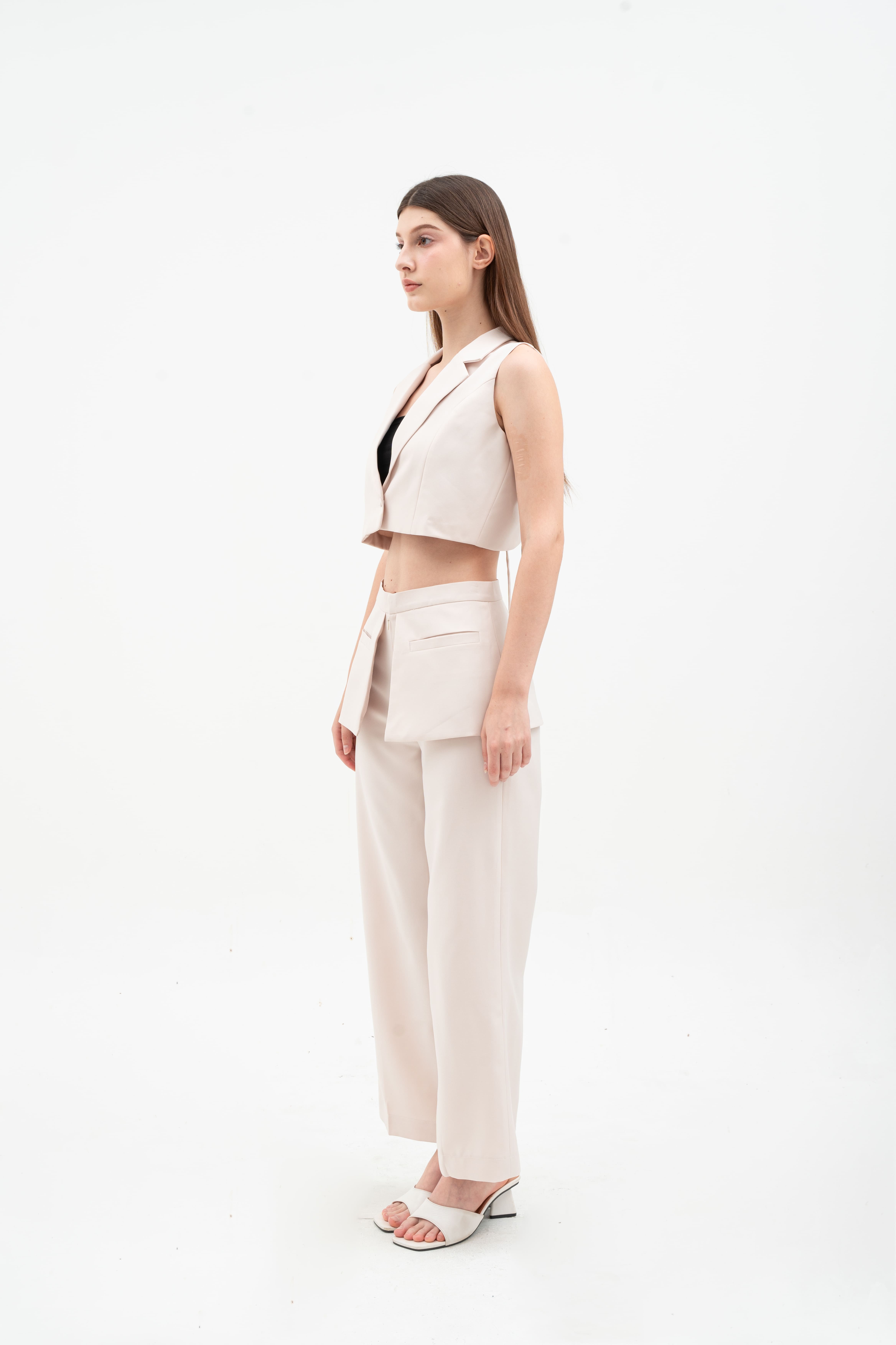 JOLIE SET -  ONE SET CROPPED VEST AND  HIGH WAIST POCKET LAYER TROUSERS