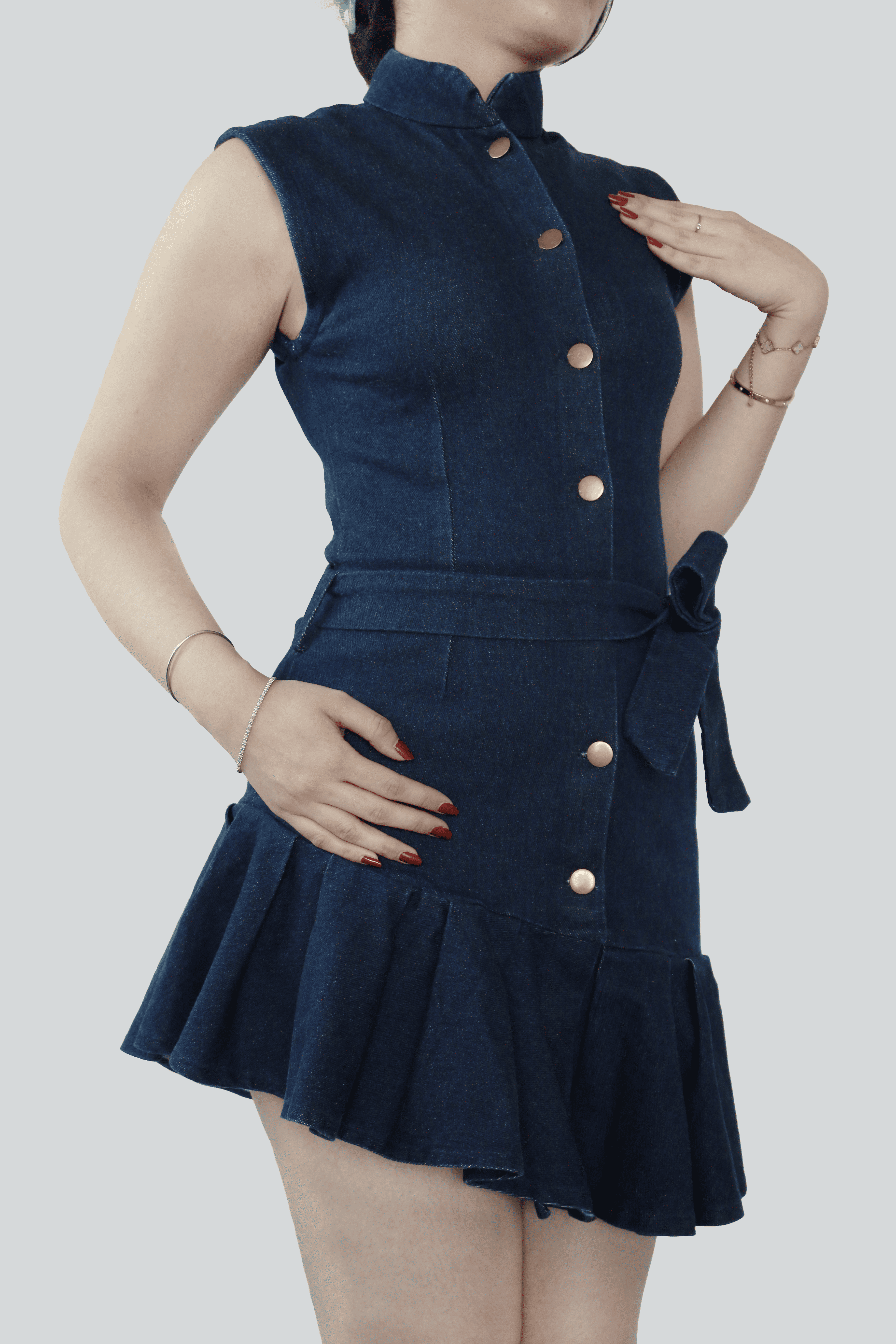 ZORA DRESS - Diagonal Ruffle Denim Dress