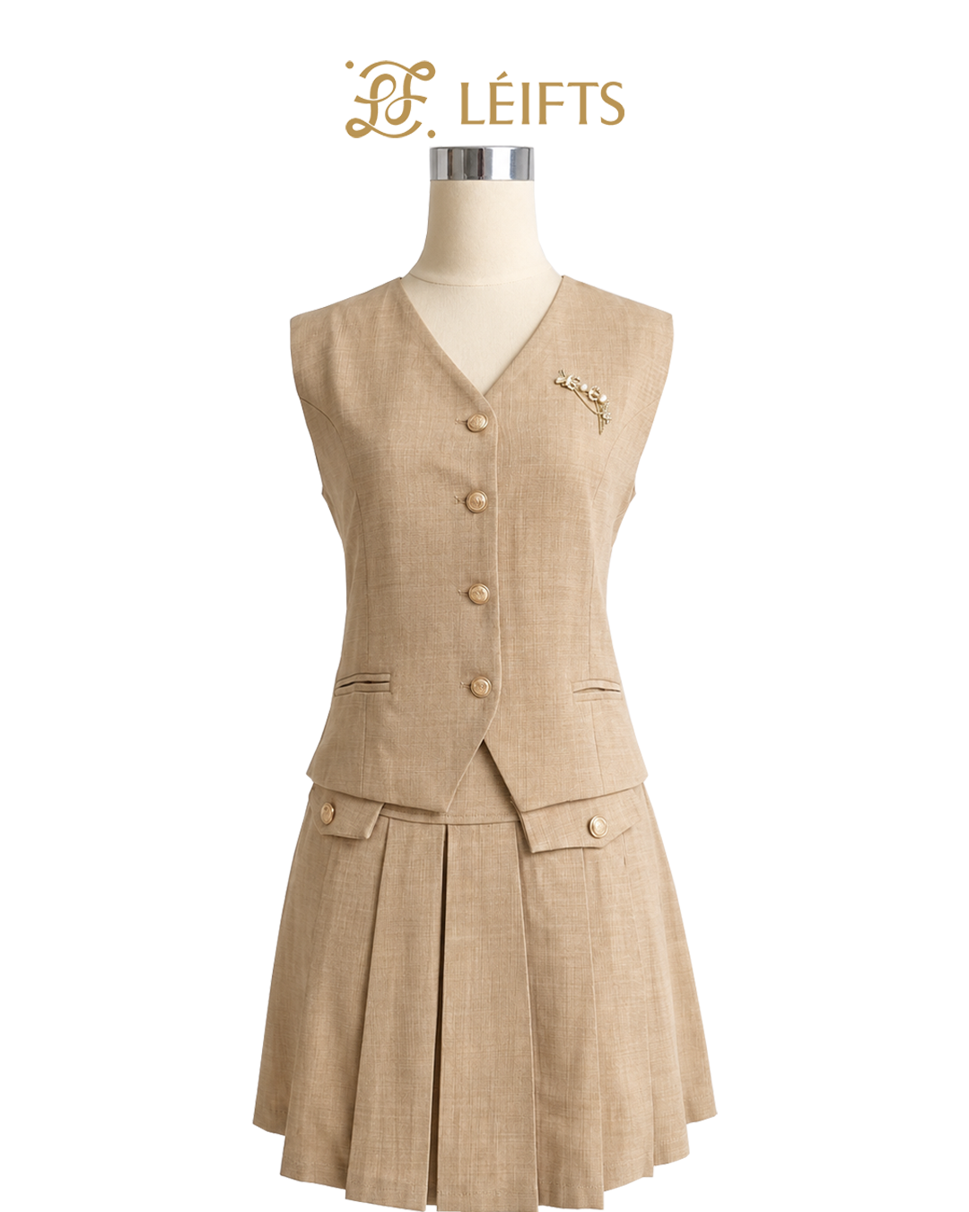 ELODIE SET - Vest with Brooch and Pleats Skirt Set
