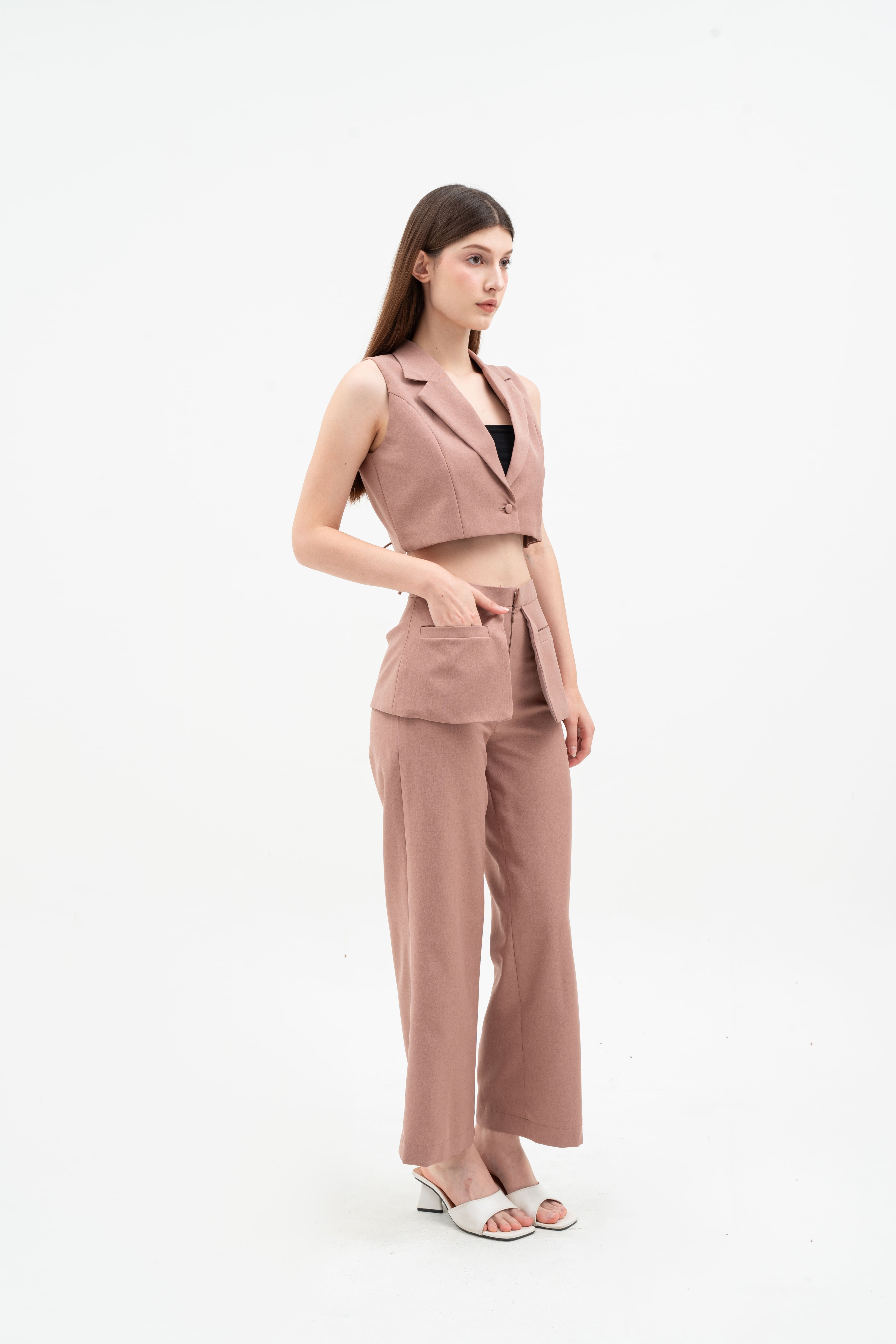 JOLIE SET -  ONE SET CROPPED VEST AND  HIGH WAIST POCKET LAYER TROUSERS