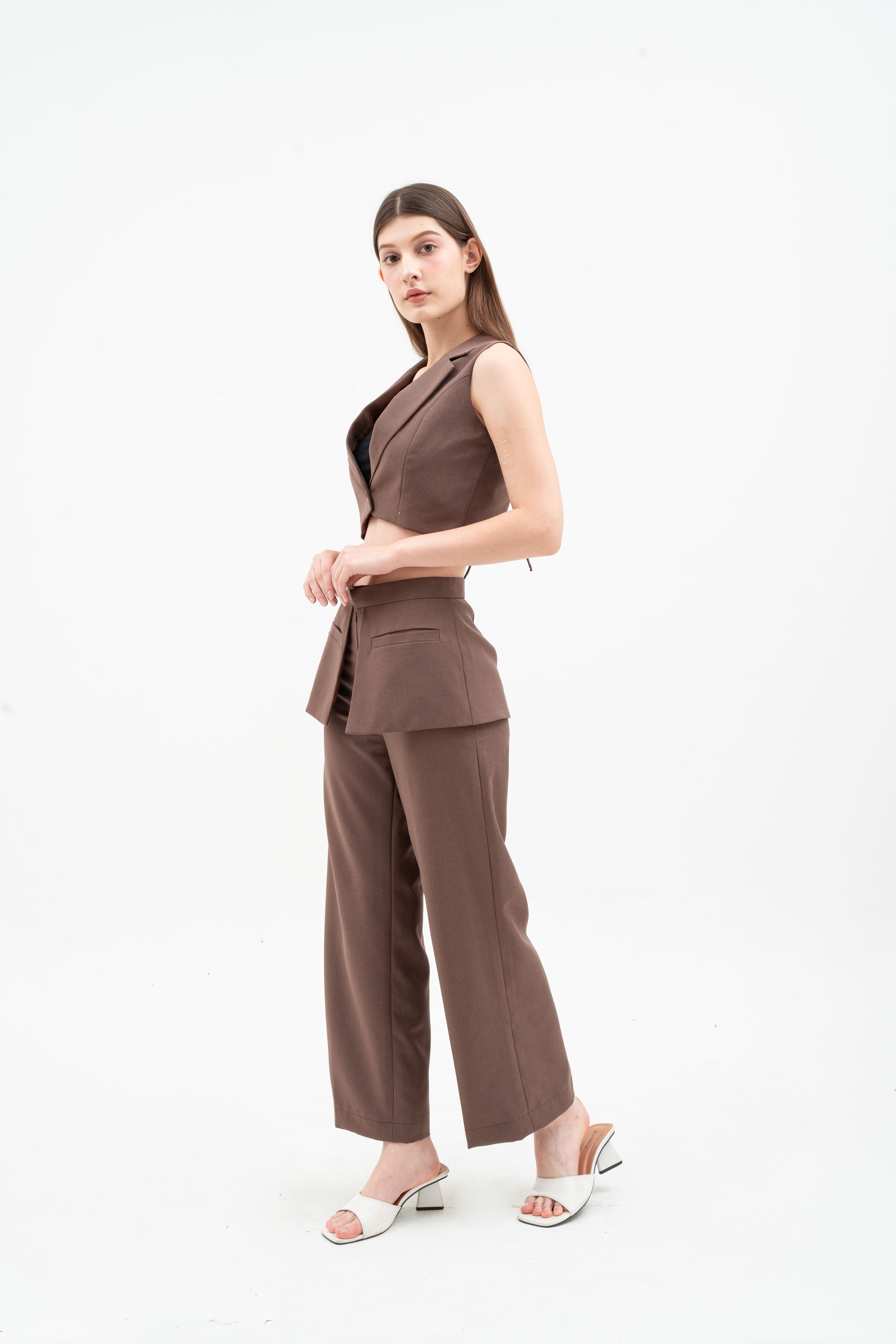 JOLIE SET -  ONE SET CROPPED VEST AND  HIGH WAIST POCKET LAYER TROUSERS