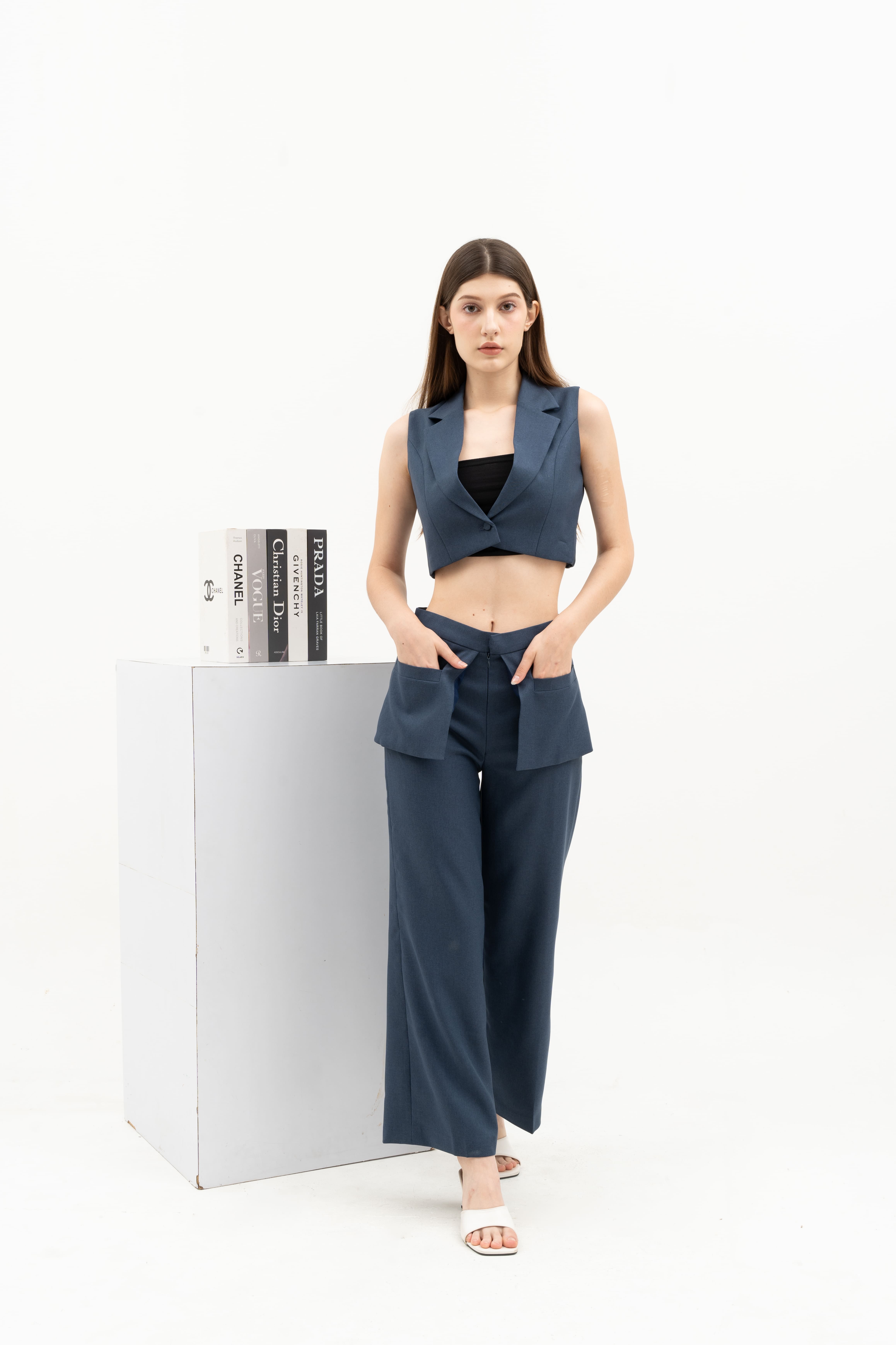 JOLIE SET -  ONE SET CROPPED VEST AND  HIGH WAIST POCKET LAYER TROUSERS